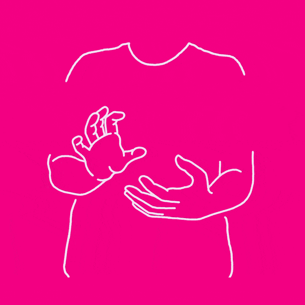 Animated BSL sign for Voices using white line drawing on bright pink background.