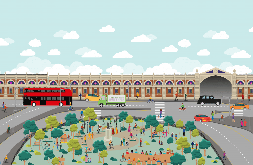 Image shows a coloured illustration of a circle-shaped park with people gathering around a large table, the people illustrated include members in wheelchairs, dog walkers, members with walking sticks, mobility canes and aids of all age groups and ethnicity. In the background is a block-coloured illustration of the meat market from the Smithfield public realm. Image is titled Co-Design Smithfield.