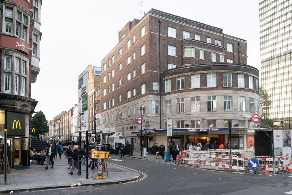 The entrance of Warren Street Station from Tottenham Court Road